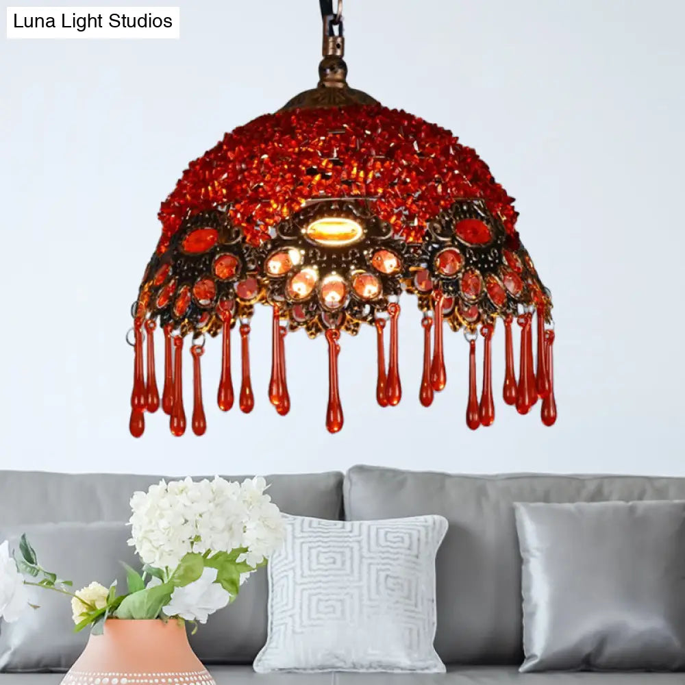 Traditional Red Dome Shaped Restaurant Hanging Light Fixture - 1-Light Metal Ceiling Lamp