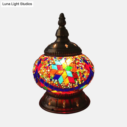 Traditional Red/Orange/Light Blue Stained Glass Nightstand Lamp For Bedroom