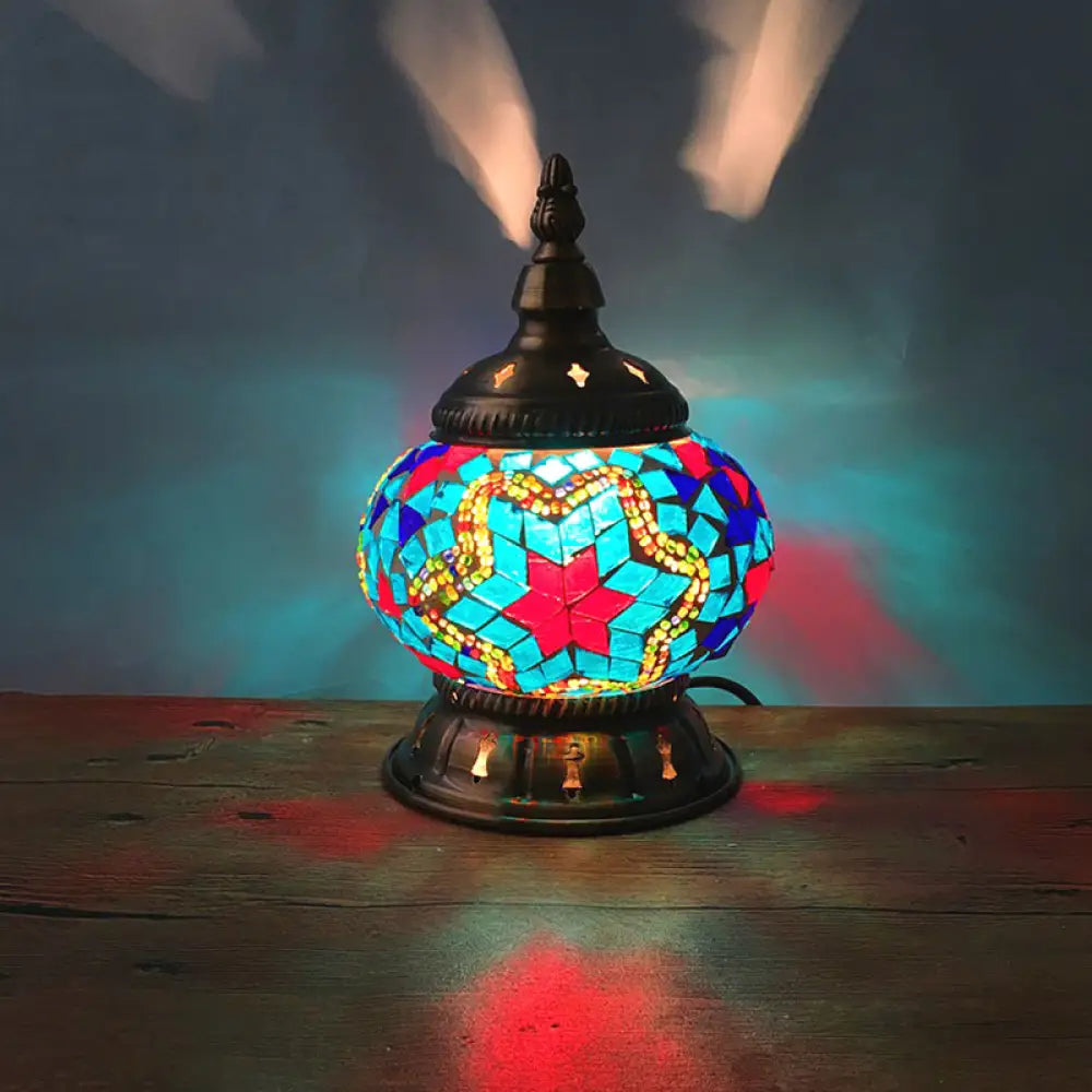 Traditional Red/Orange/Light Blue Stained Glass Nightstand Lamp For Bedroom Light