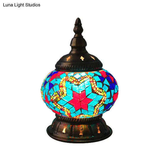 Traditional Red/Orange/Light Blue Stained Glass Nightstand Lamp For Bedroom