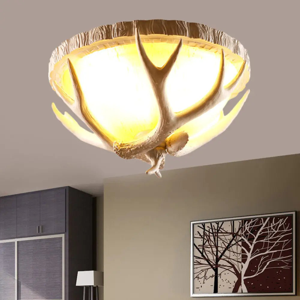 Traditional Resin 3 - Light Brown Ceiling Light Fixture With Antler Deco - Dome Shaped Flush Mount