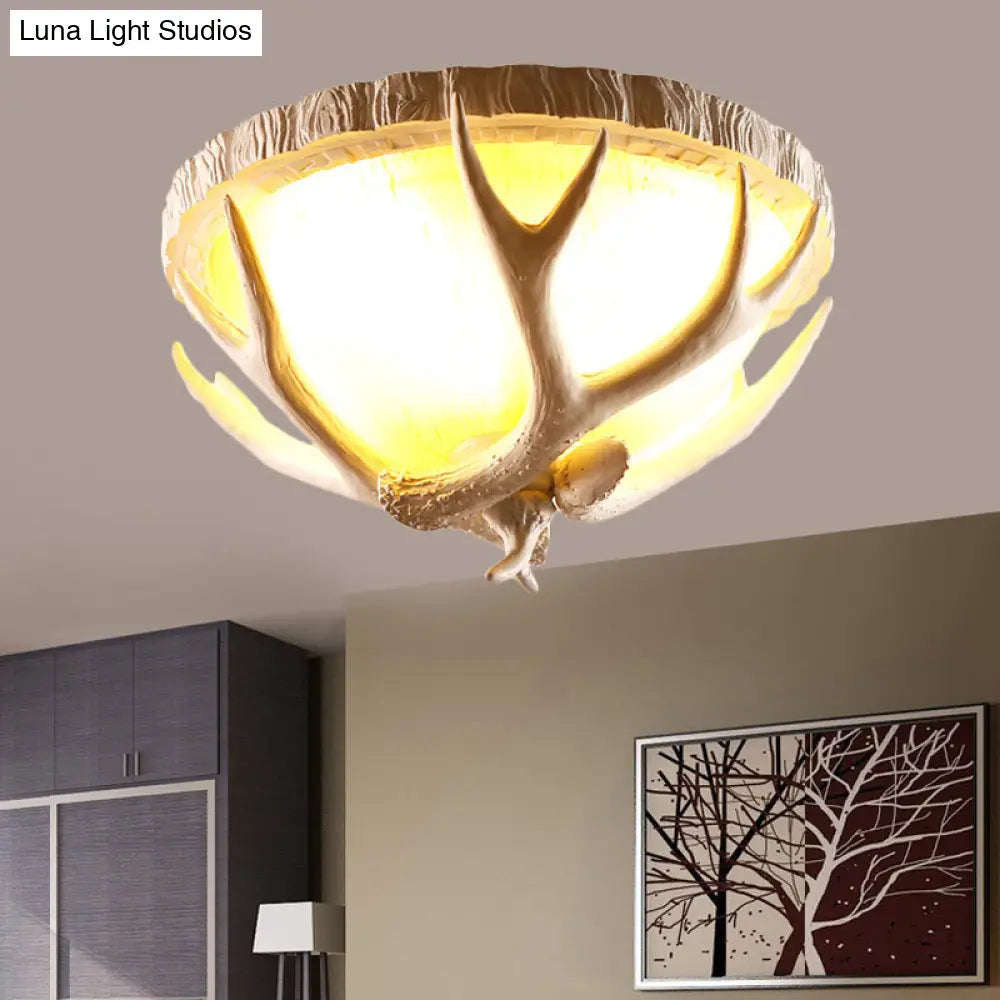 Traditional Resin 3-Light Brown Ceiling Light Fixture With Antler Deco - Dome Shaped Flush Mount For