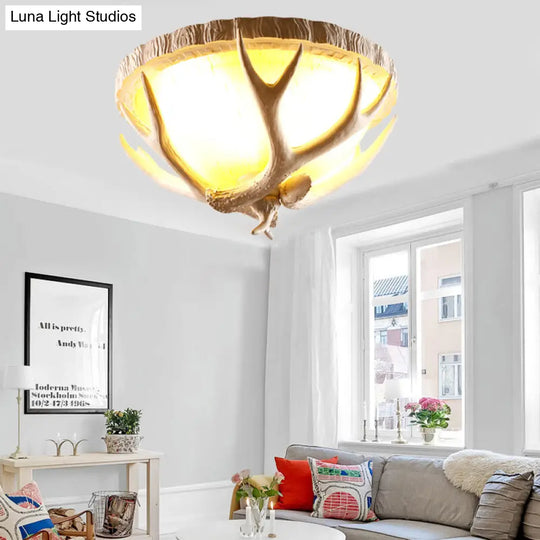Traditional Resin 3-Light Brown Ceiling Light Fixture With Antler Deco - Dome Shaped Flush Mount For