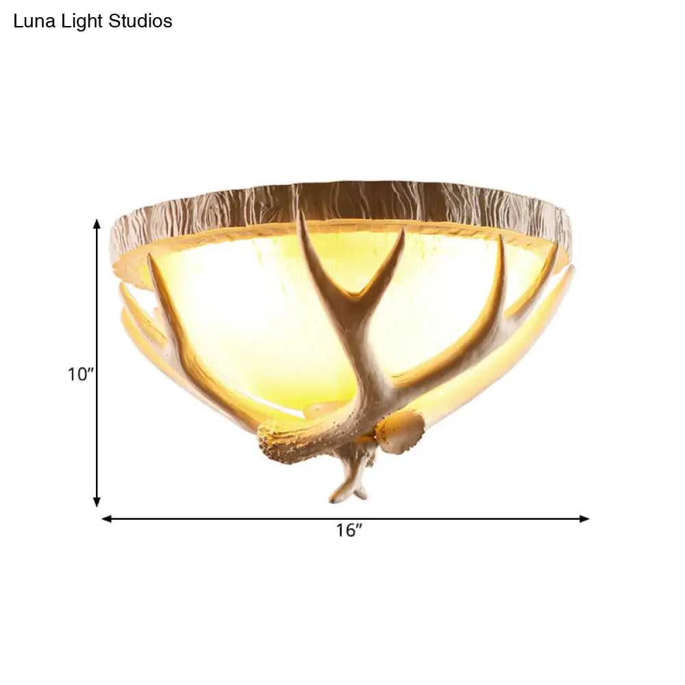Traditional Resin 3 - Light Brown Ceiling Light Fixture With Antler Deco - Dome Shaped Flush Mount