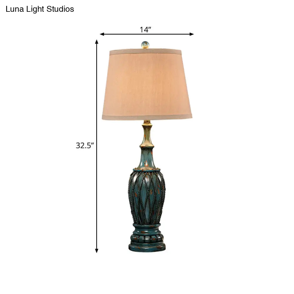 Traditional Resin Aqua Vase Night Light - 1 Table Lamp For Study Room With Fabric Shade