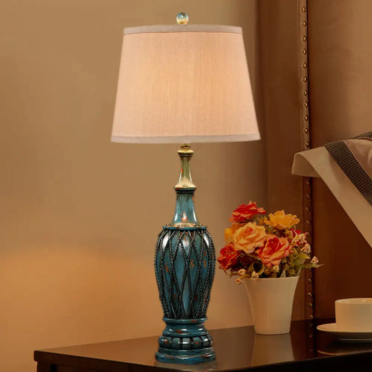 Traditional Resin Aqua Vase Night Light - 1 Table Lamp For Study Room With Fabric Shade