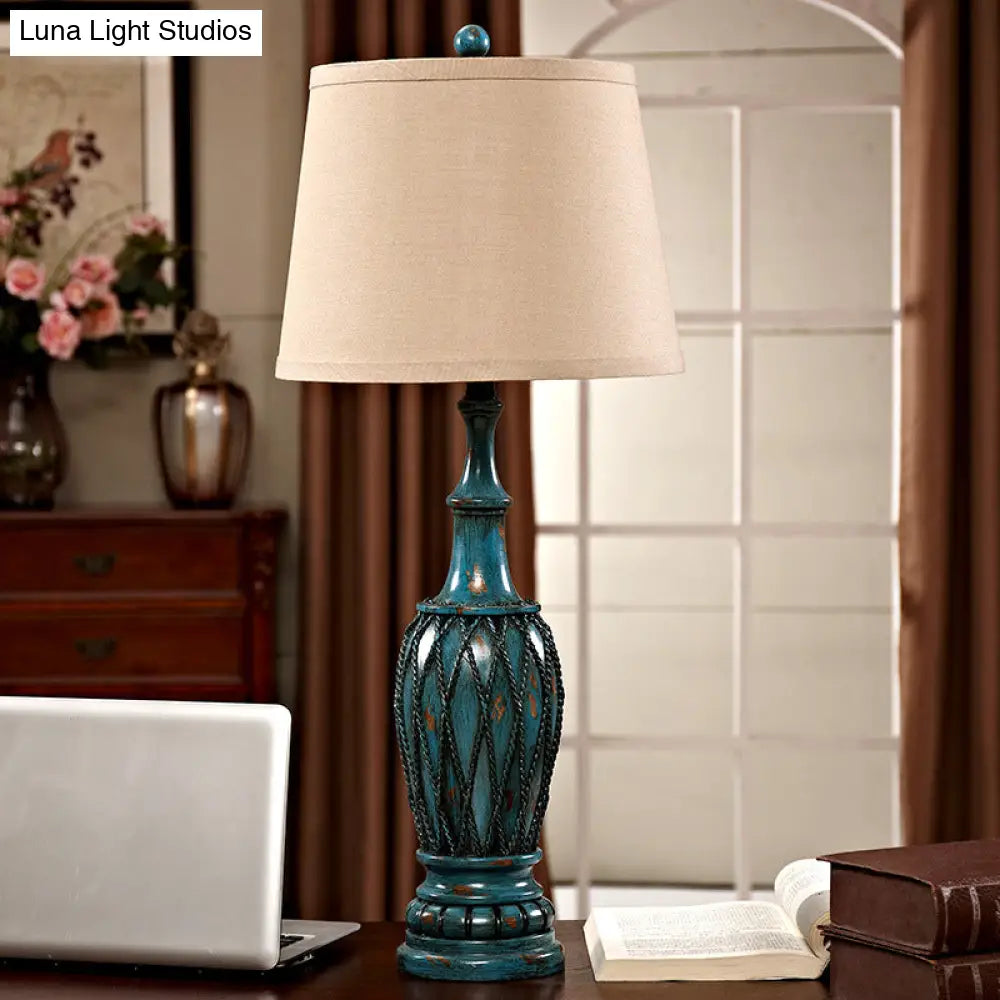 Traditional Resin Aqua Vase Night Light - 1 Table Lamp For Study Room With Fabric Shade