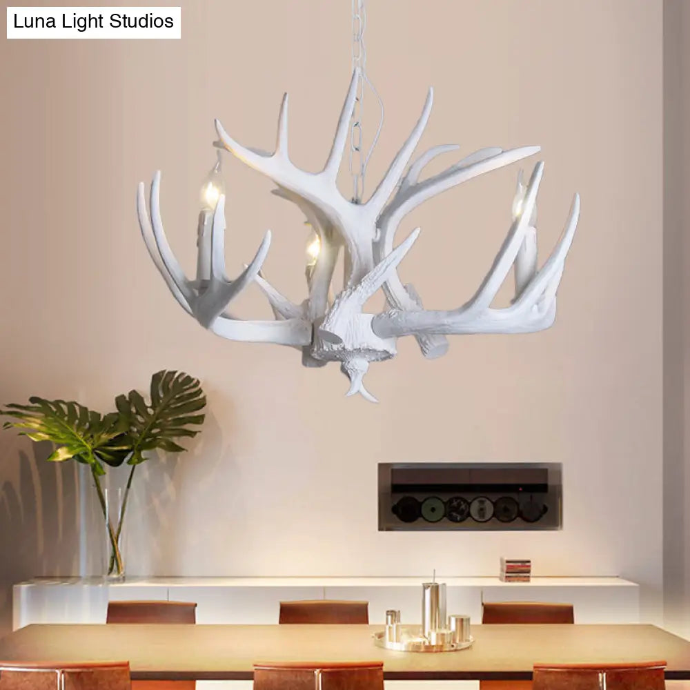 Traditional Resin Chandelier With Antler Design - White Candle Pendant Lamp (3/4/5 Lights) For