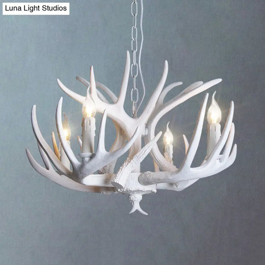 Traditional Resin Chandelier With Antler Design - White Candle Pendant Lamp (3/4/5 Lights) For