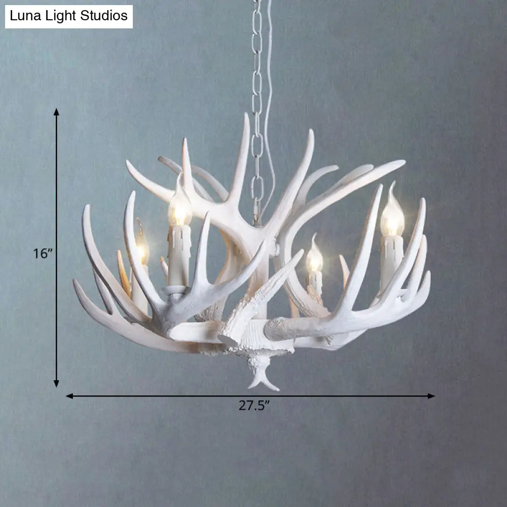 Traditional Resin Chandelier With Antler Design - White Candle Pendant Lamp (3/4/5 Lights) For