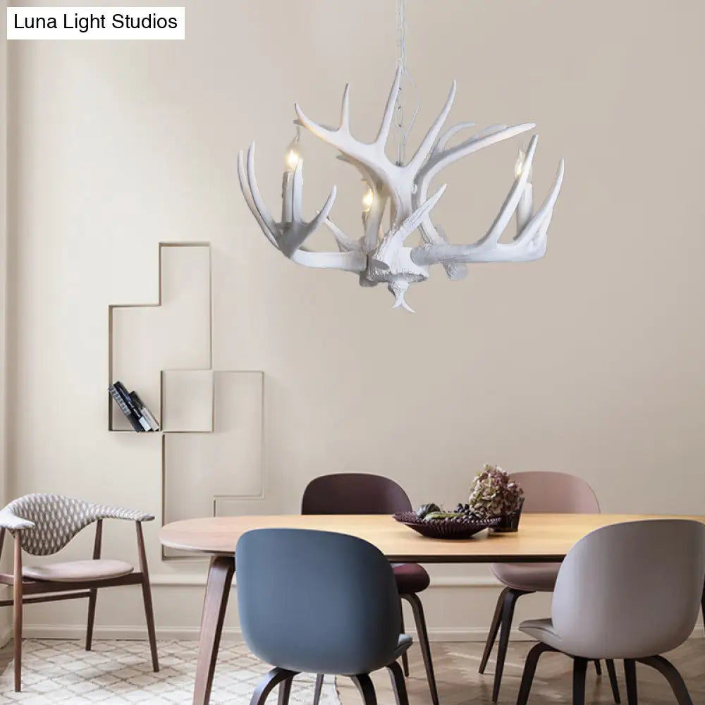 Traditional Resin Chandelier With Antler Design - White Candle Pendant Lamp (3/4/5 Lights) For