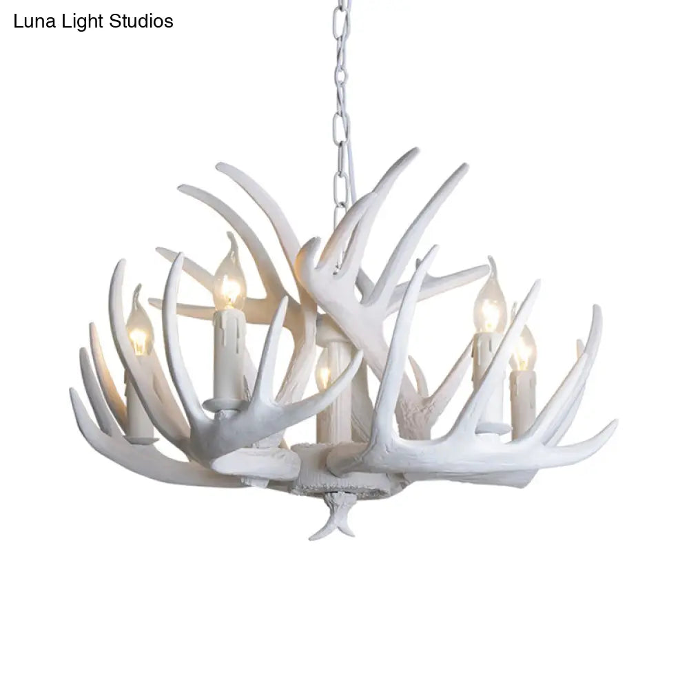 Traditional Resin Chandelier With Antler Design - White Candle Pendant Lamp (3/4/5 Lights) For