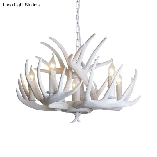 Traditional Resin Chandelier With Antler Design - White Candle Pendant Lamp (3/4/5 Lights) For