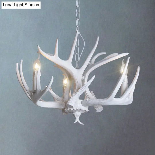 Traditional Resin Chandelier With Antler Design - White Candle Pendant Lamp (3/4/5 Lights) For