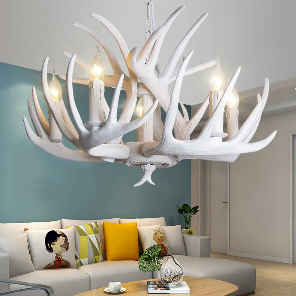 Traditional Resin Chandelier With Antler Design - White Candle Pendant Lamp (3/4/5 Lights) For