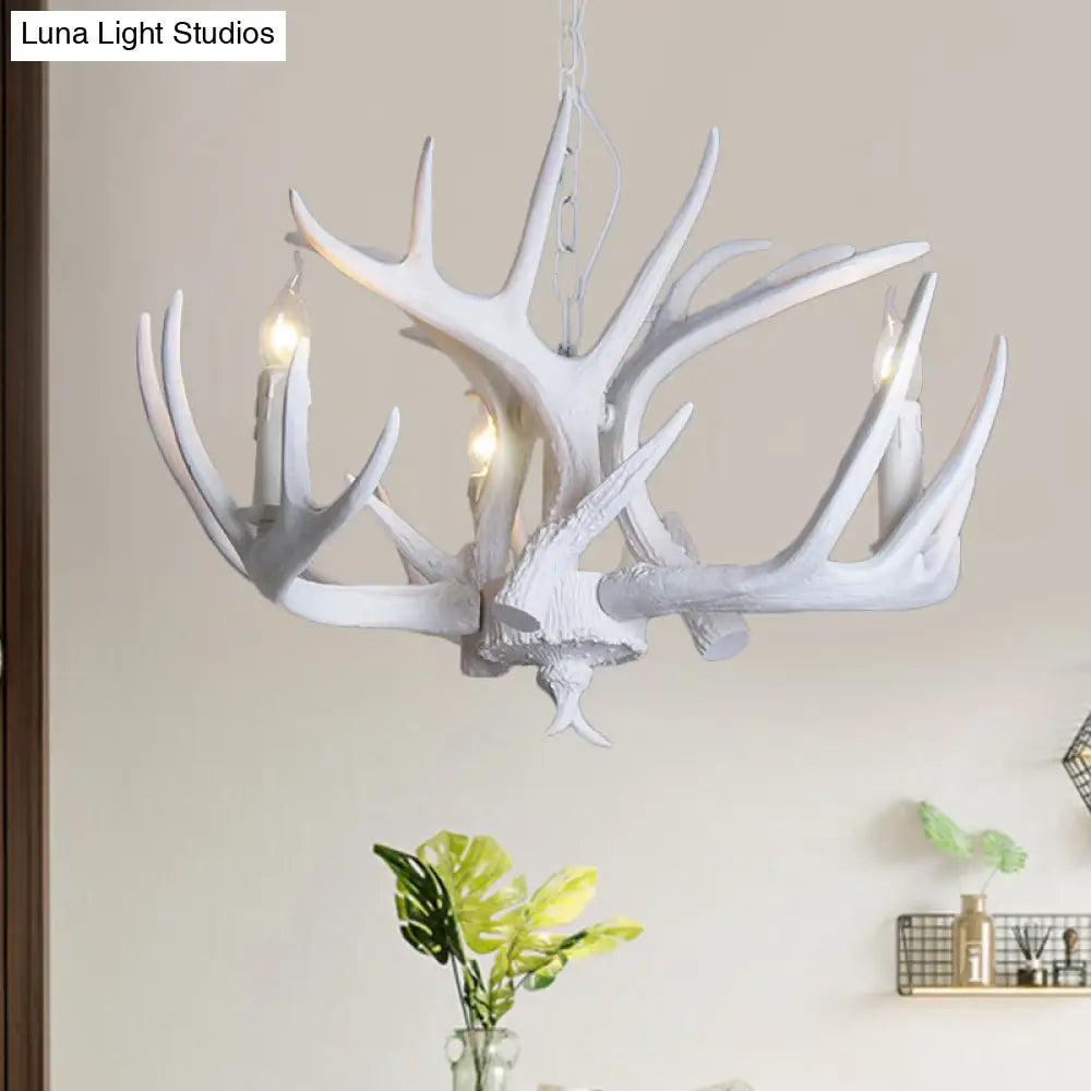 Traditional Resin Chandelier With Antler Design - White Candle Pendant Lamp (3/4/5 Lights) For