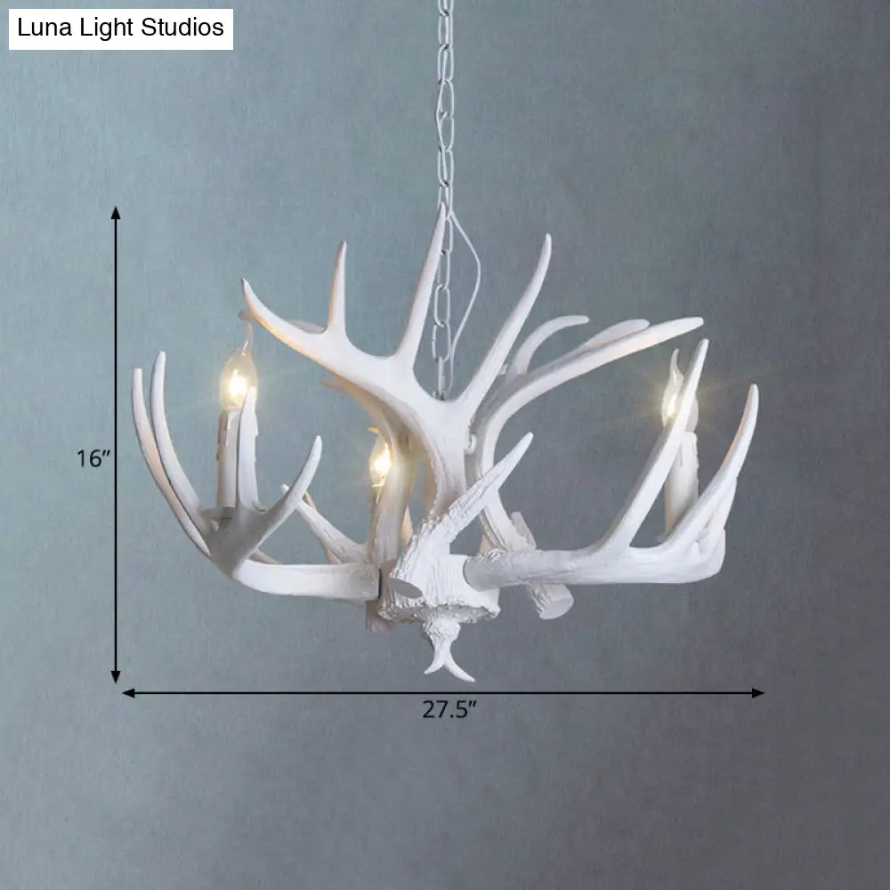 Traditional Resin Chandelier With Antler Design - White Candle Pendant Lamp (3/4/5 Lights) For