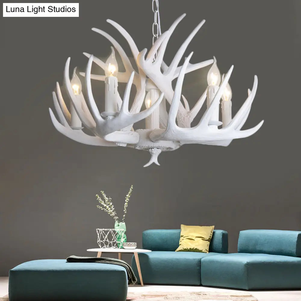 Traditional Resin Chandelier With Antler Design - White Candle Pendant Lamp (3/4/5 Lights) For