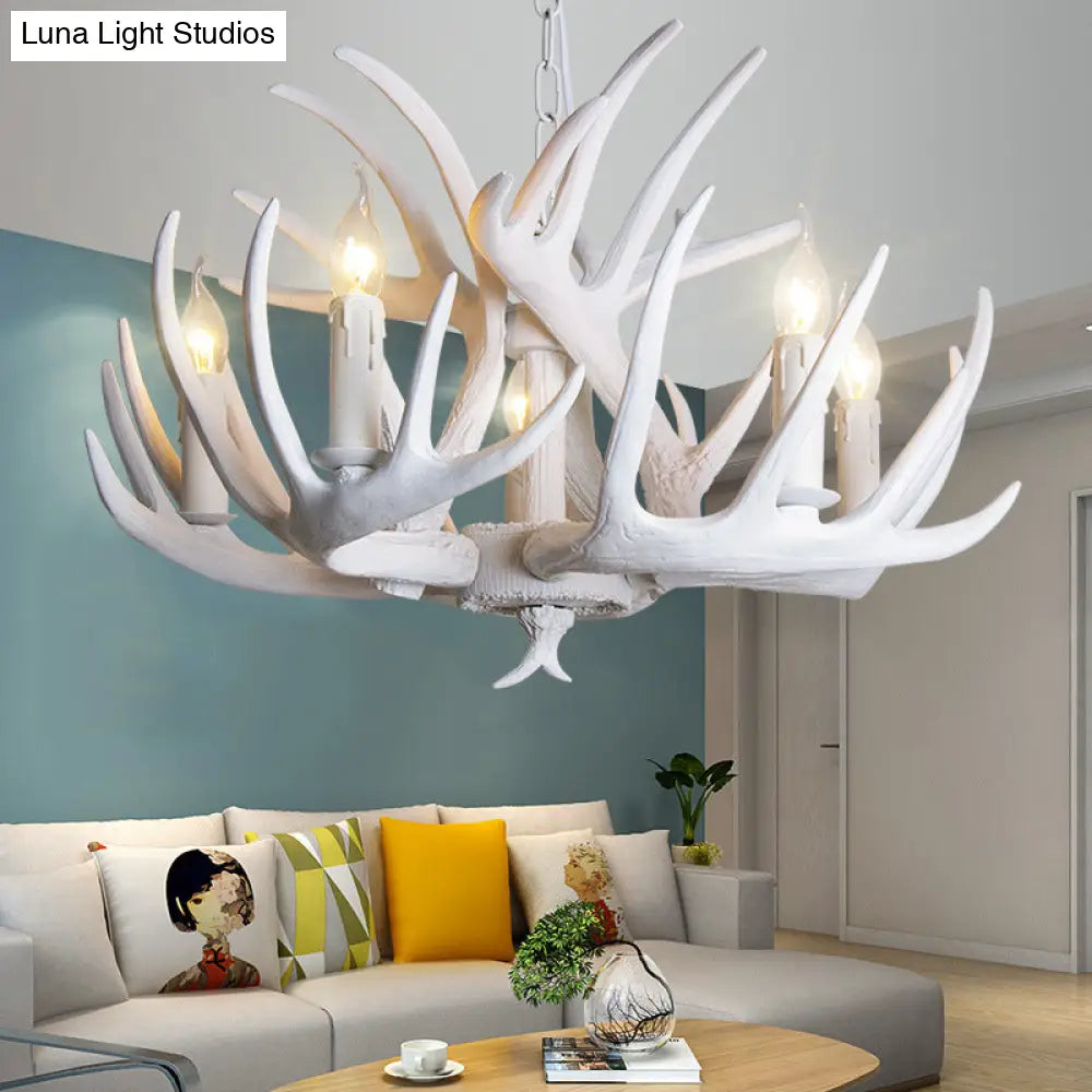 Traditional Resin Chandelier With Antler Design - White Candle Pendant Lamp (3/4/5 Lights) For