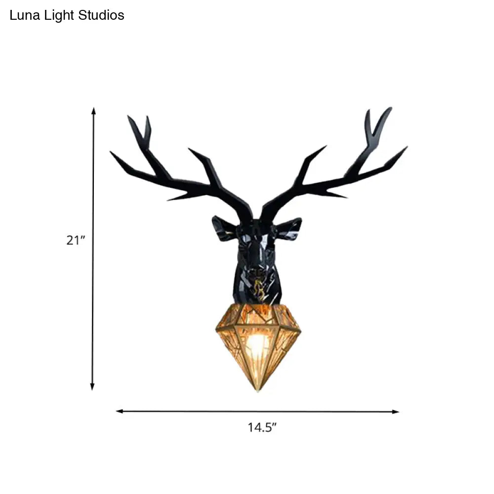 Traditional Resin Deer Wall Light With Diamond Metal Shade - 1 Sconce In White/Black 14.5/19.5 Wide