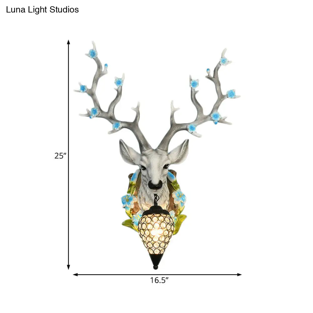 Traditional Resin Deer Wall Sconce Light With Teardrop Crystal Shade - White/Yellow 1 16.5/23 W