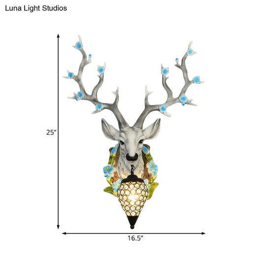 Traditional Resin Deer Wall Sconce Light With Teardrop Crystal Shade - White/Yellow 1 16.5/23 W