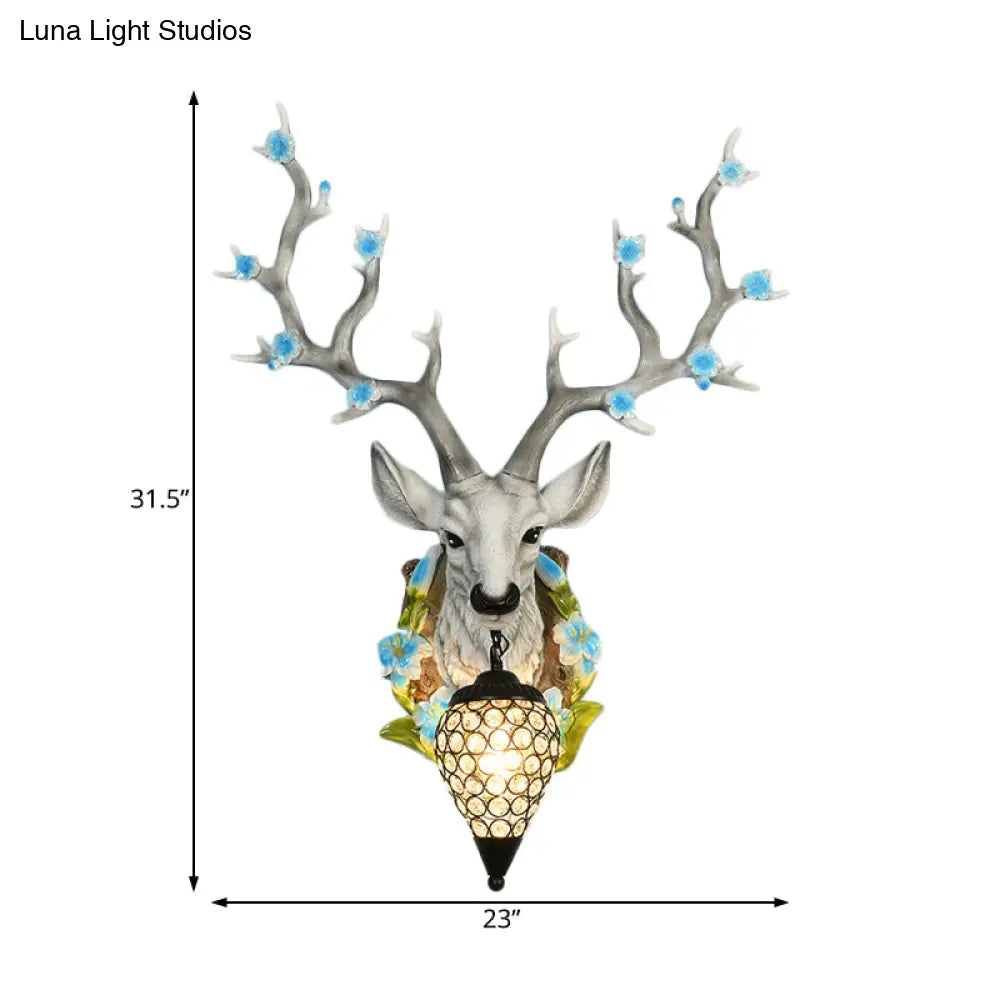 Traditional Resin Deer Wall Sconce Light With Teardrop Crystal Shade - White/Yellow 1 16.5/23 W