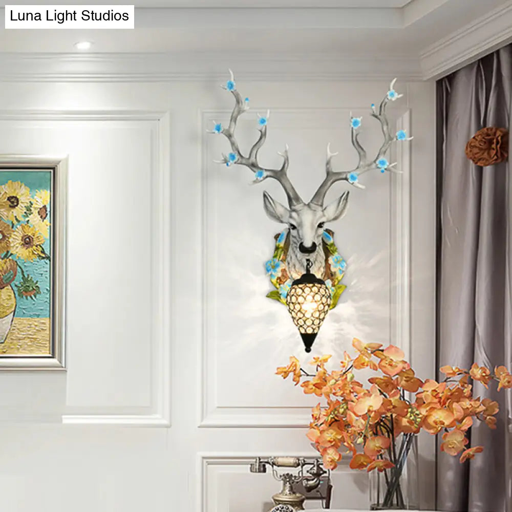 Traditional Resin Deer Wall Sconce Light With Teardrop Crystal Shade - White/Yellow 1 16.5/23 W