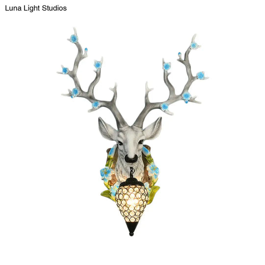 Traditional Resin Deer Wall Sconce Light With Teardrop Crystal Shade - White/Yellow 1 16.5/23 W