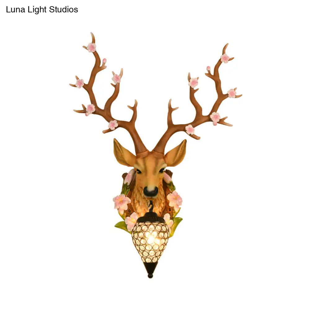 Traditional Resin Deer Wall Sconce Light With Teardrop Crystal Shade - White/Yellow 1 16.5/23 W