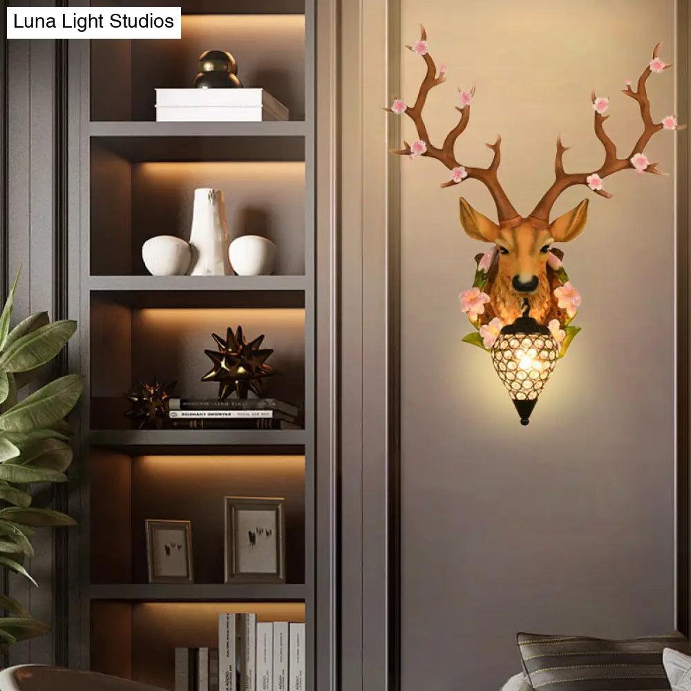 Traditional Resin Deer Wall Sconce Light With Teardrop Crystal Shade - White/Yellow 1 16.5/23 W