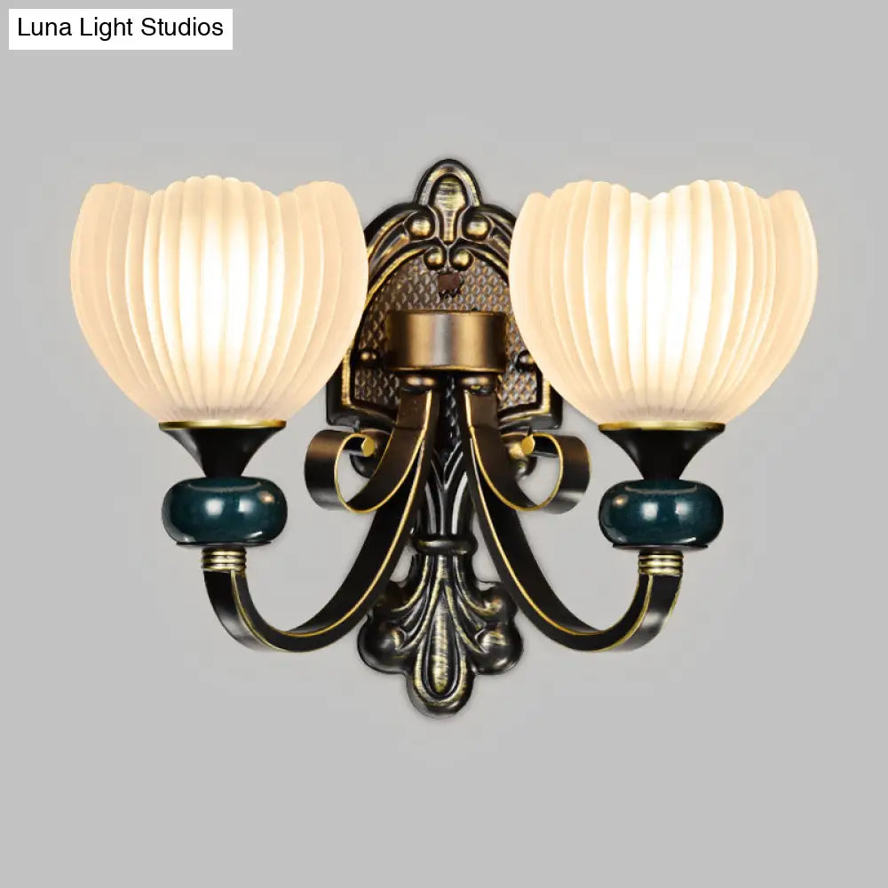 Traditional Ribbed Glass Brass Bud Wall Sconce Lighting Fixture- 1/2-Head Living Room Lamp