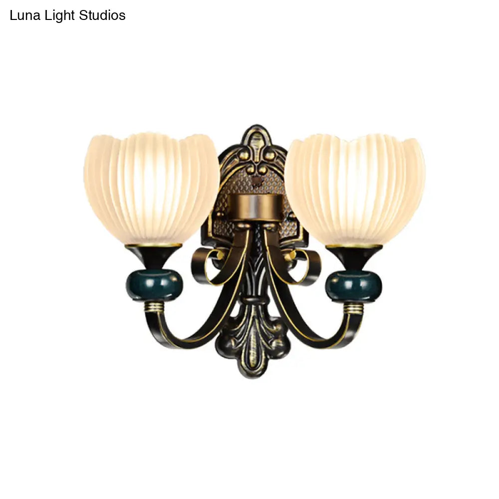 Traditional Ribbed Glass Brass Bud Wall Sconce Lighting Fixture- 1/2-Head Living Room Lamp