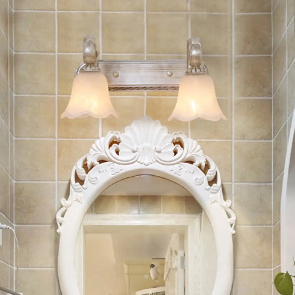 Traditional Ribbed Opal Glass Vanity Fixture With Arched Arm - Light Brown 2/3-Head Wall Sconce 2 /