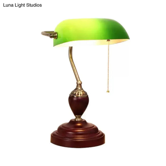 Traditional Rollover Shade Banker Lamp - 1 Light Green/Red/White Glass Desk With Pull Chain For