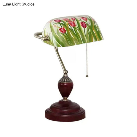 Traditional Rollover Shade Banker Lamp - 1 Light Green/Red/White Glass Desk With Pull Chain For