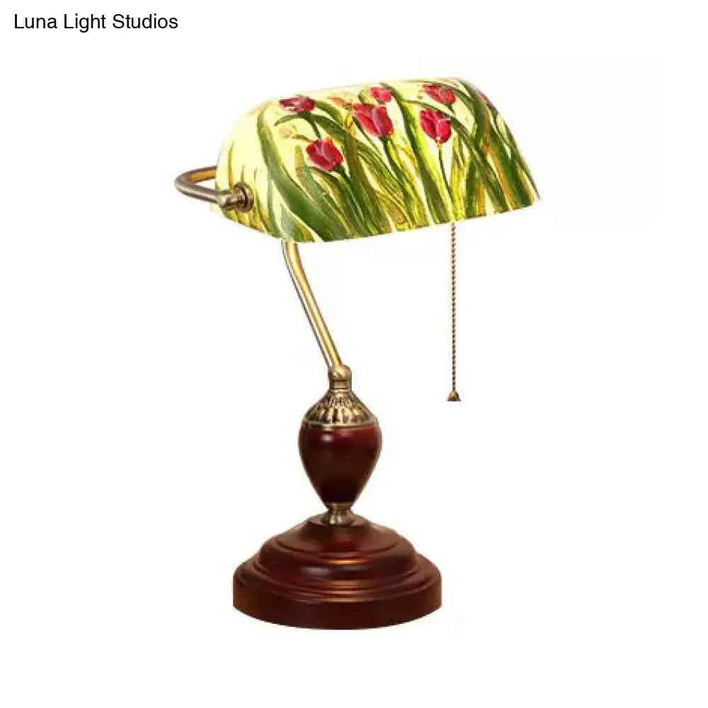 Traditional Rollover Shade Banker Lamp - 1 Light Green/Red/White Glass Desk With Pull Chain For