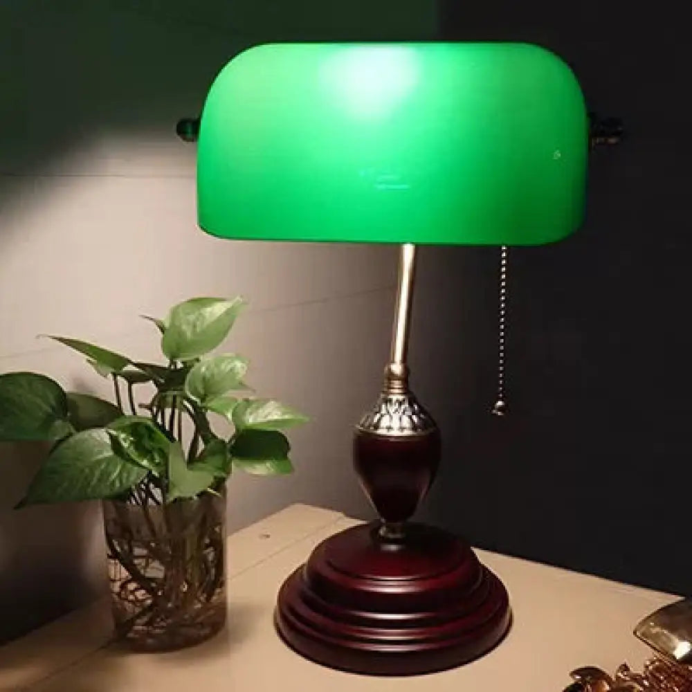 Traditional Rollover Shade Banker Lamp - 1 Light Green/Red/White Glass Desk With Pull Chain For