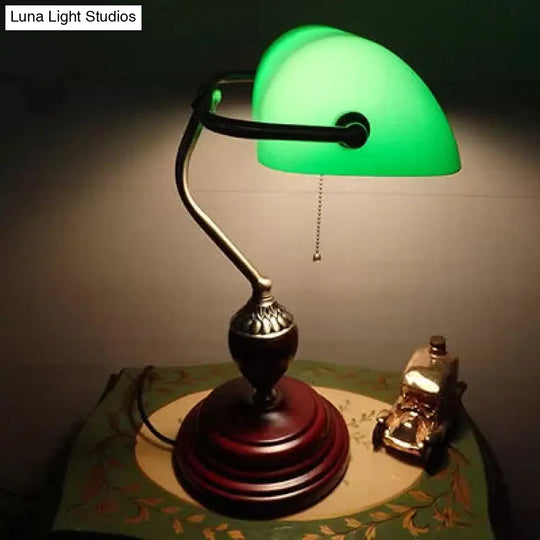 Traditional Rollover Shade Banker Lamp - 1 Light Green/Red/White Glass Desk With Pull Chain For