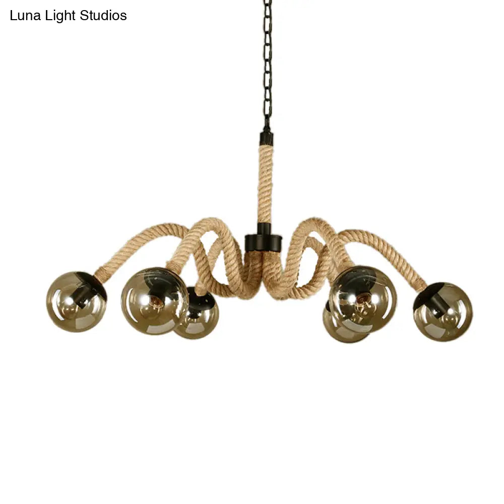 Traditional Rope Chandelier Light With Amber Glass Globe Shade - 6 Lights Living Room Pendant