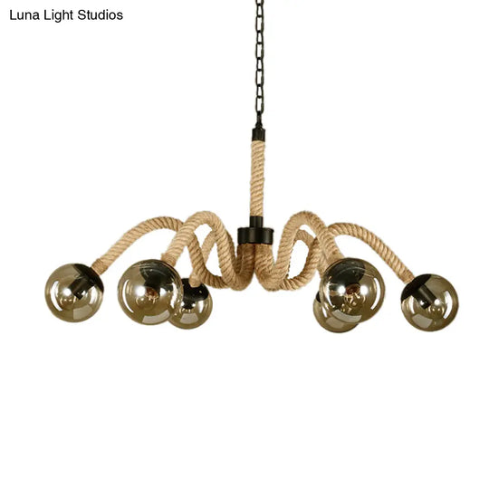 Traditional Rope Chandelier Light With Amber Glass Globe Shade - 6 Lights Living Room Pendant