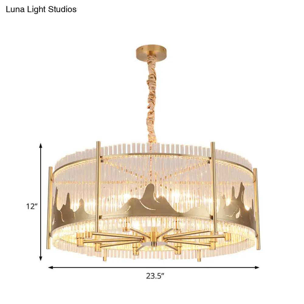 Traditional Prismatic Glass 10-Light Gold Round Chandelier Lamp With Mountain Pattern - Ceiling