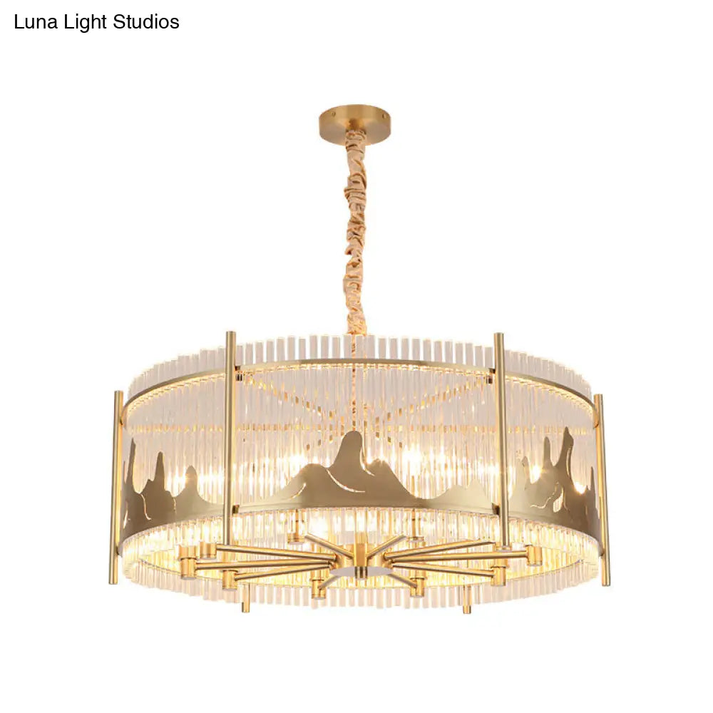 Traditional Prismatic Glass 10-Light Gold Round Chandelier Lamp With Mountain Pattern - Ceiling