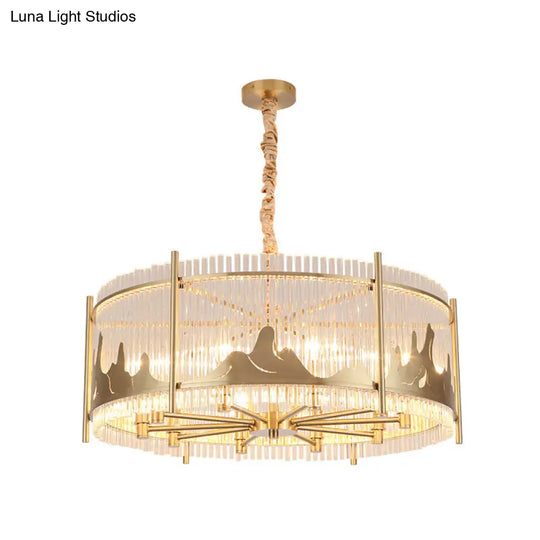 Traditional Prismatic Glass 10-Light Gold Round Chandelier Lamp With Mountain Pattern - Ceiling