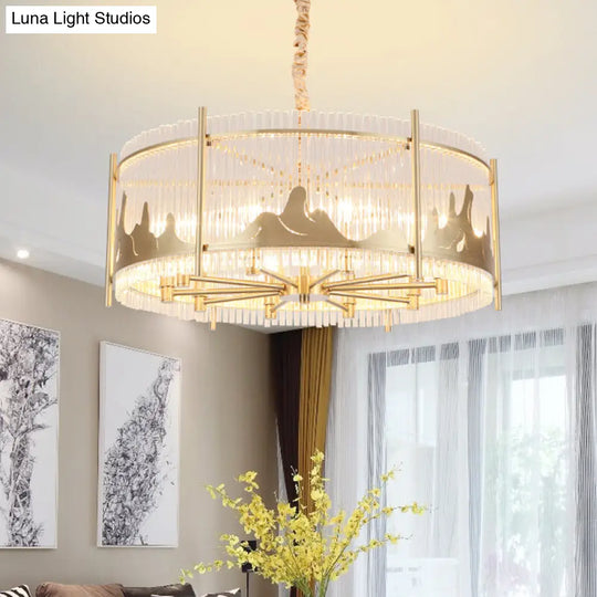 Traditional Prismatic Glass 10-Light Gold Round Chandelier Lamp With Mountain Pattern - Ceiling