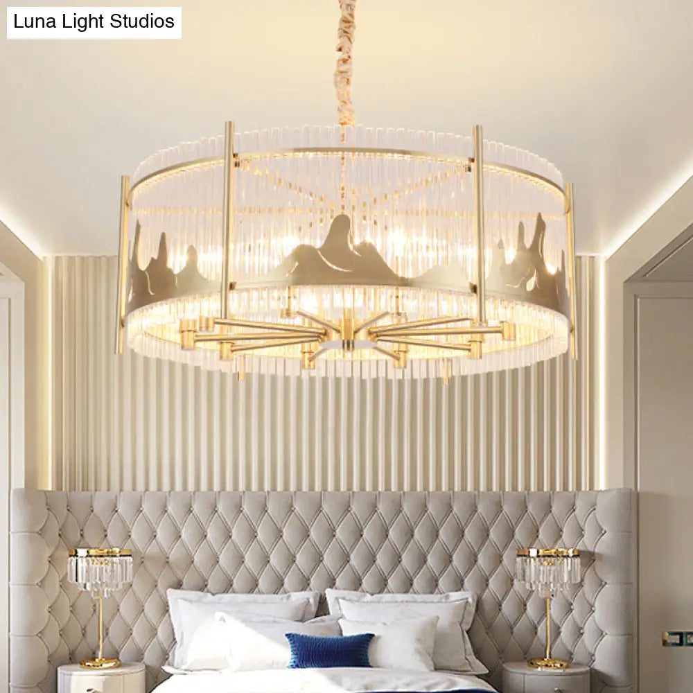 Traditional Round Chandelier: Prismatic Glass 10-Light Gold Ceiling Pendant With Mountain Pattern