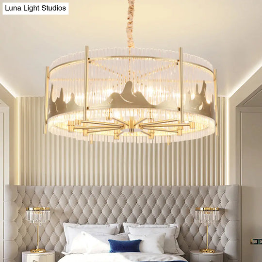 Traditional Round Chandelier: Prismatic Glass 10-Light Gold Ceiling Pendant With Mountain Pattern