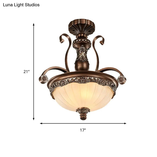 Traditional Rust Bowl Pendant Light With Frosted Textured Glass - 3 Chandelier For Bedroom