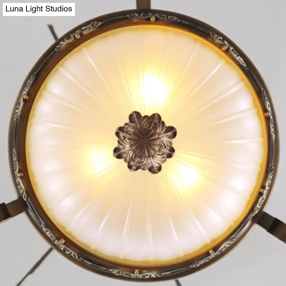 Traditional Rust Bowl Pendant Light With Frosted Textured Glass - 3 Chandelier For Bedroom