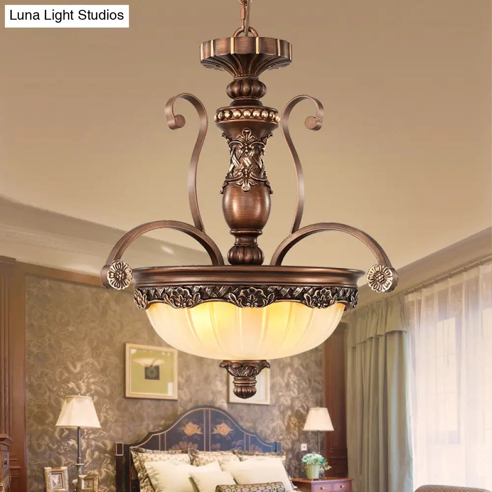 Traditional Rust Bowl Pendant Light With Frosted Textured Glass - 3 Chandelier For Bedroom